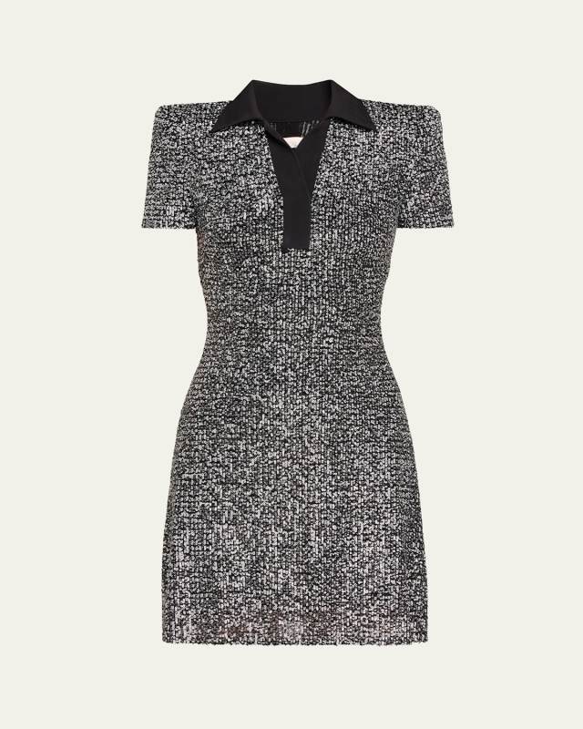 Sequined Tweed Pattern Polo Dress
